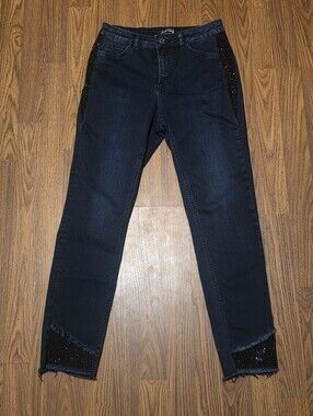 Joseph Ribkoff Dark Wash Skinny Jeans Size 6 Sequin Step Hem Embellished A31